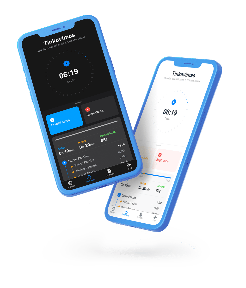 Darbo laiko apskaitos mobilios programėlės pavyzdys Grownu APP