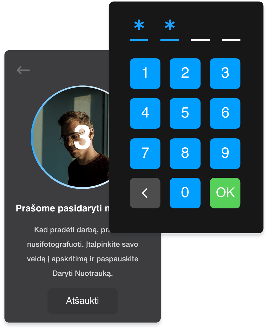 Darbo laiko registravimas stacionariame identifikacijos kioske su PIN kodu ir veido nuotrauka