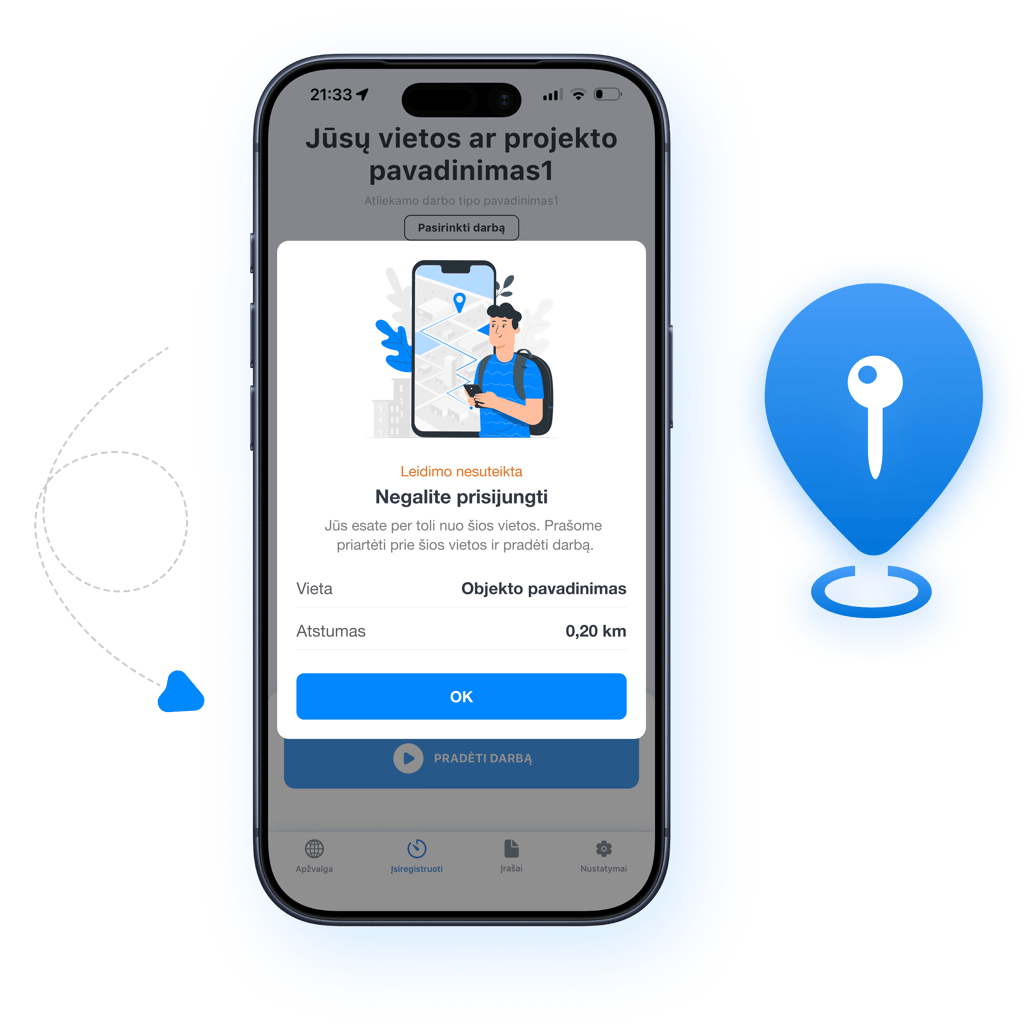 Grownu GPS darbo laiko registravimo sistemos iliustracija ir mobilioji programėlė