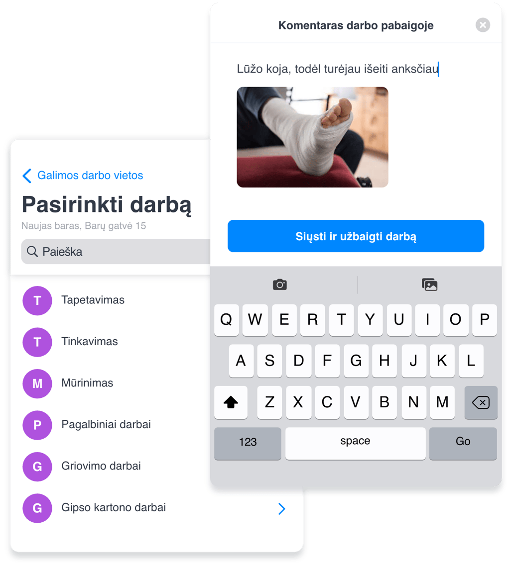 Darbo laiko ir darbo tipo registravimas Grownu mobilioje aplikacijoje – antras ekranas