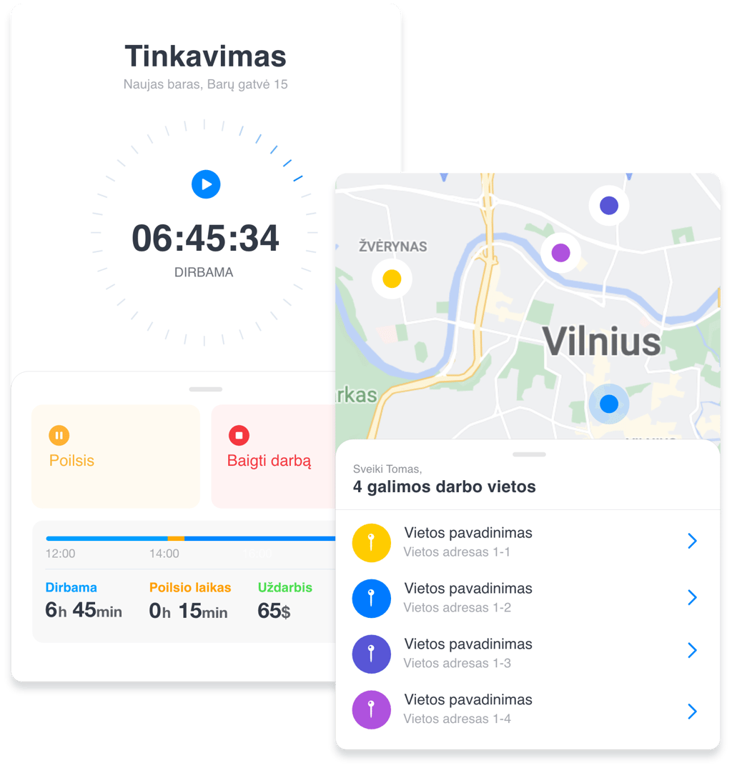 Darbo laiko registravimas Grownu mobilioje aplikacijoje – pirmas ekranas