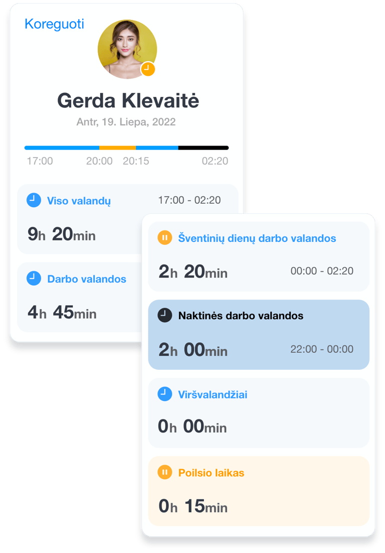 Darbo laiko skaidymas pagal darbo laiko tipus Grownu mobilioje aplikacijoje