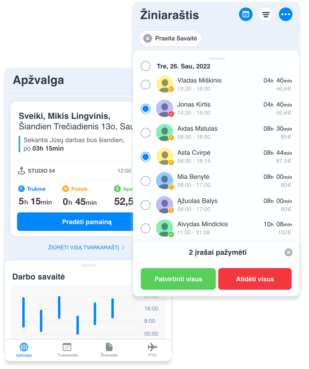Grownu darbo laiko apskaitos sistemos mobilios programėlės ekrano kopijos ir pavyzdžiai