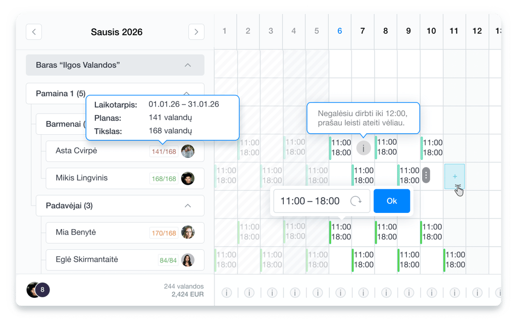 Planuojamo darbo grafiko Grownu sistemoje ekrano kopija