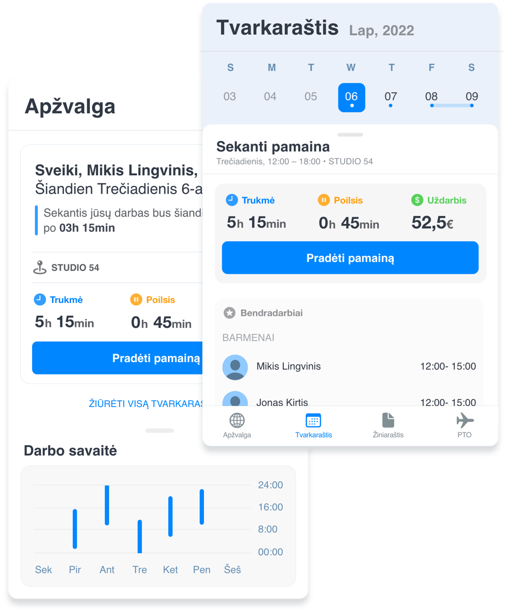 Darbo laiko ir pamainų planavimo Grownu sistemos pavyzdys mobilioje aplikacijoje ekrano kopija