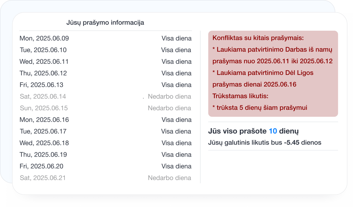 Automatinis atostogų prašymų tikrinimas ir konfliktai
