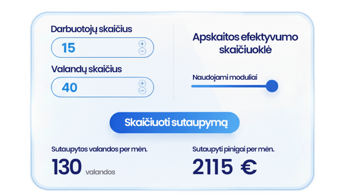 Darbo laiko apskaitos sutaupymo (ROI) skaičiuoklės iliustracija