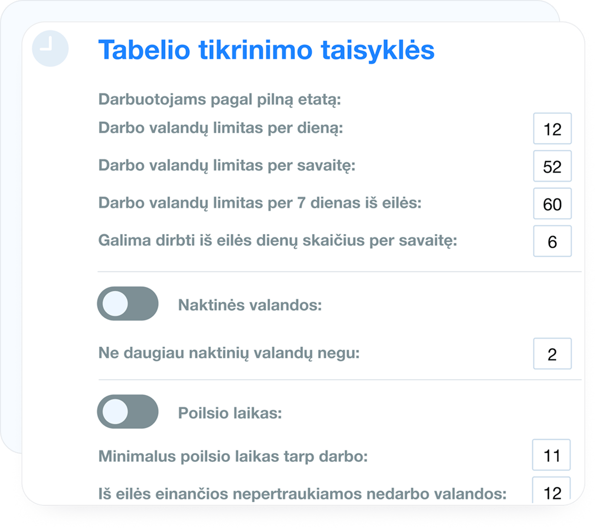 AI darbo laiko tabelio patikros taisyklių nustatymų langas