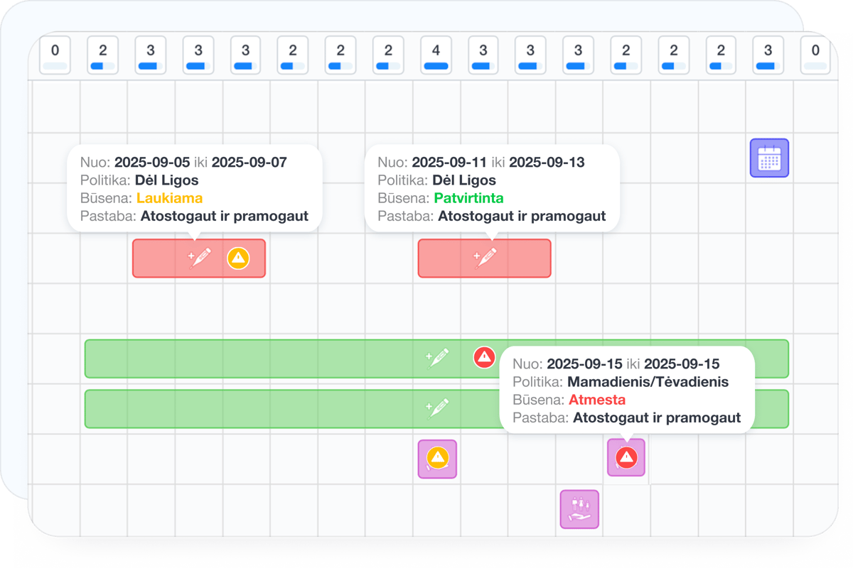 Atostogų kalendorius su darbuotojų prašymais ir jų būsenomis