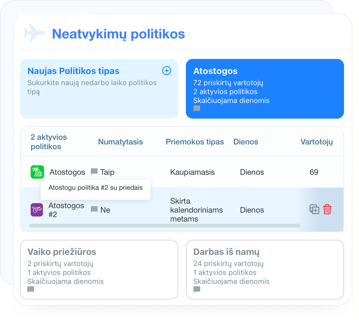 Neribotos atostogų ir neatvykimų politikos bei jų priskyrimas darbuotojams