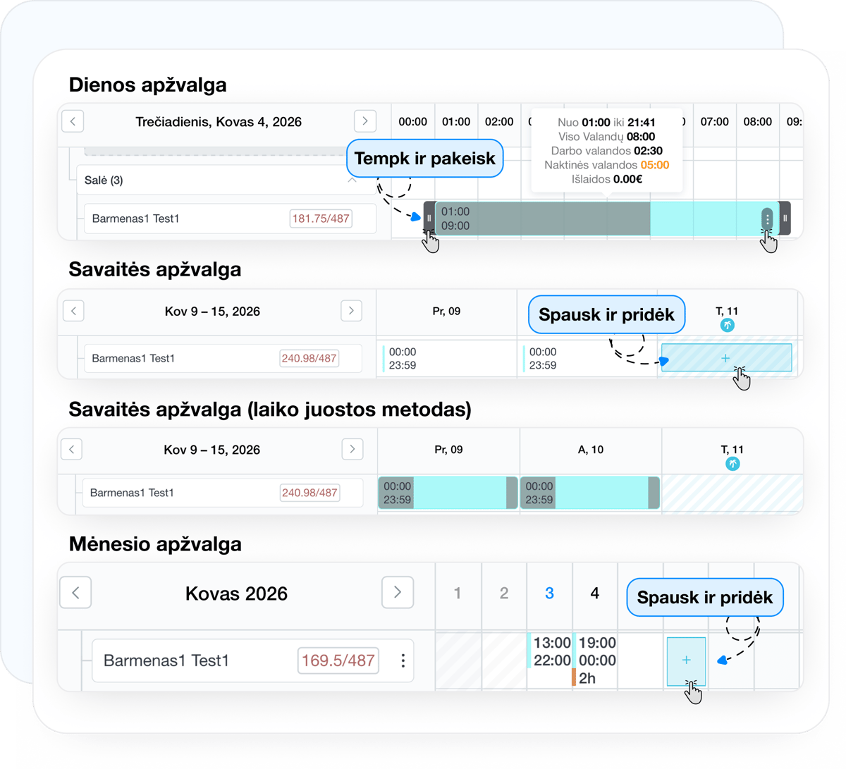 Grafiko dienos, savaitės ir mėnesio režimai