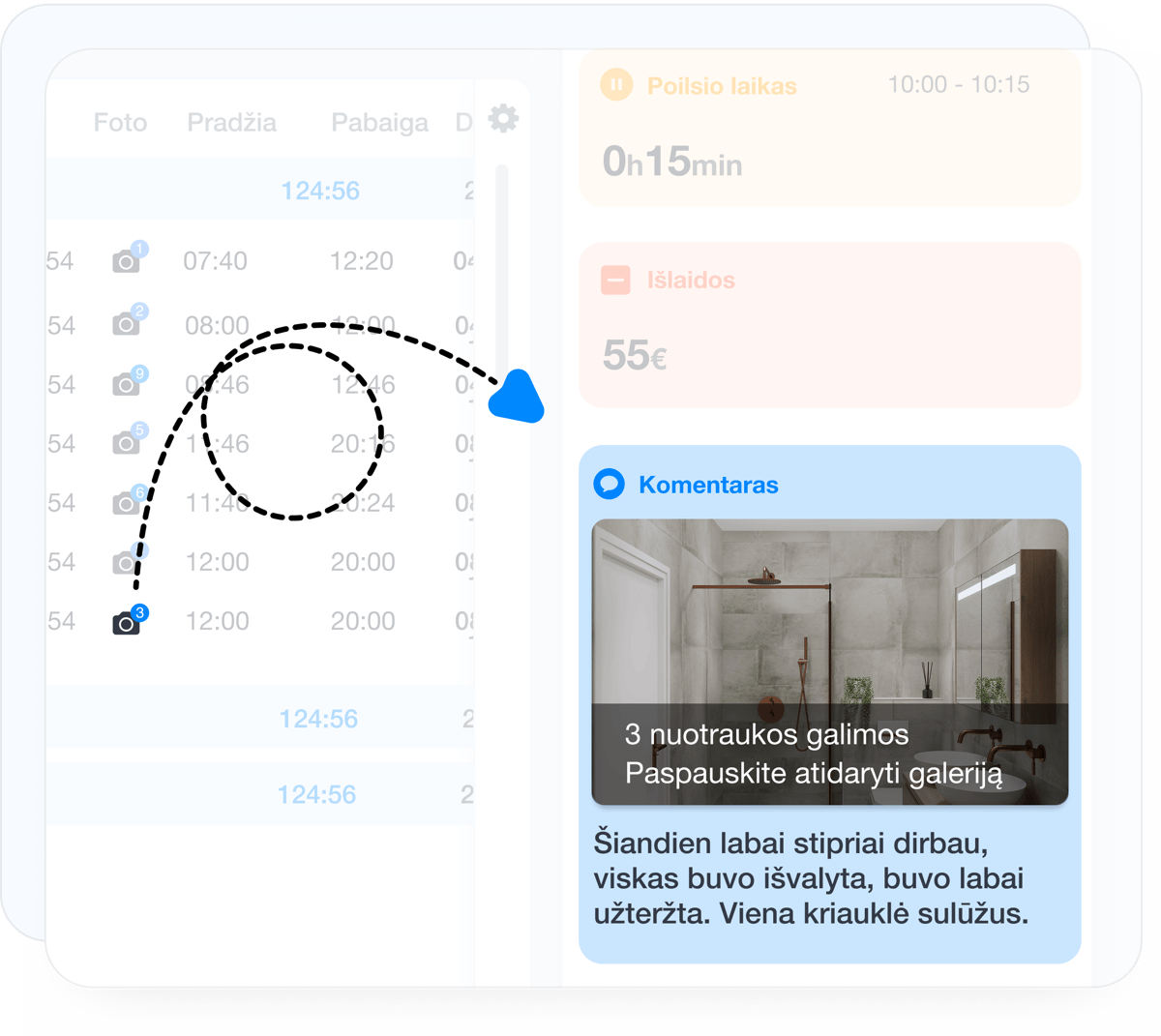 Užduočių užbaigimas su komentaru ir atlikto darbo nuotraukomis