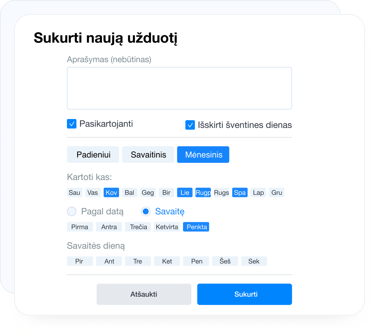 Vienkartinių ir pasikartojančių užduočių planavimas Grownu sistemoje
