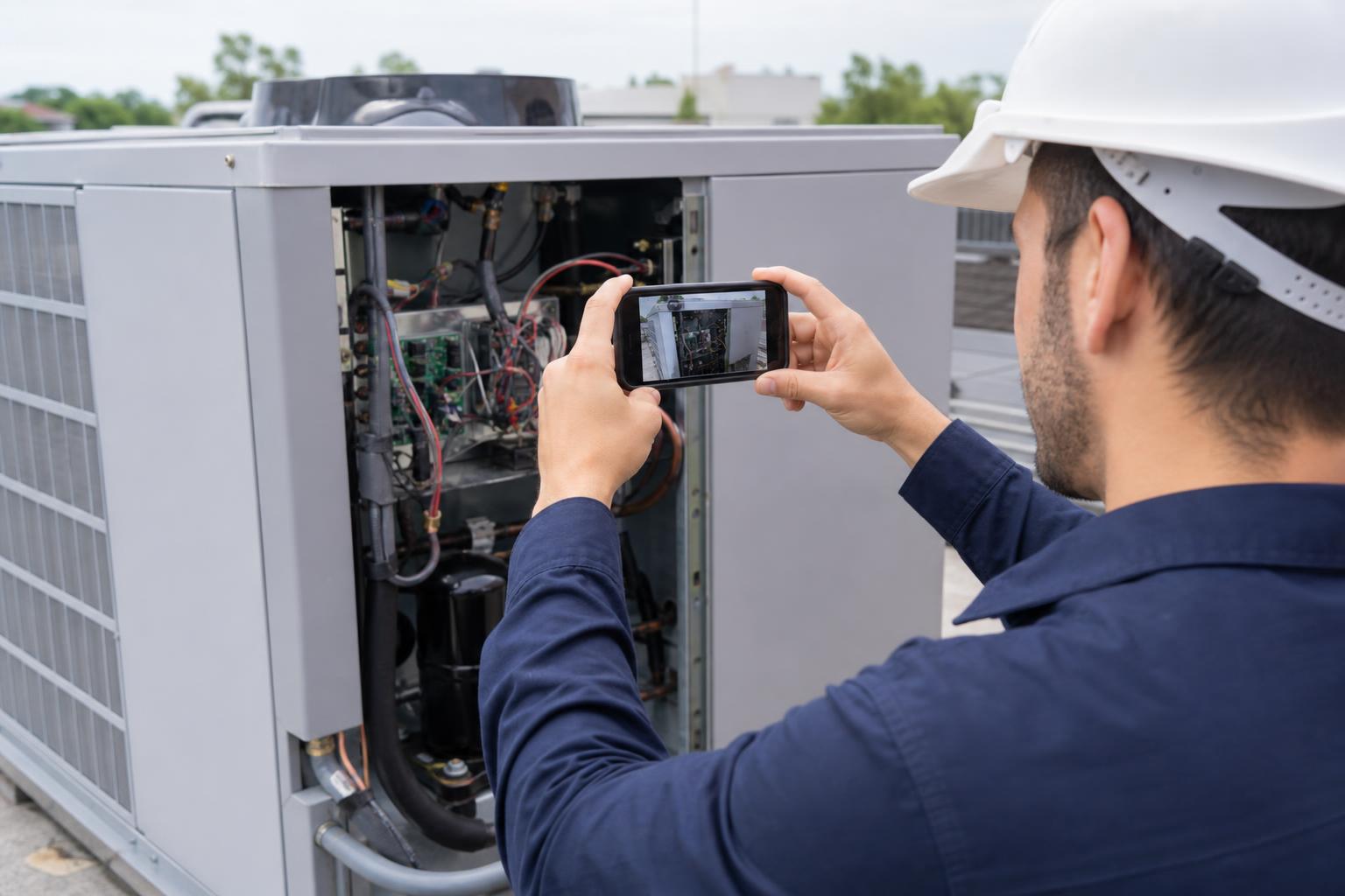 Remonto technikas telefonu fotografuoja atliktą darbą ir fiksuoja naudotas dalis