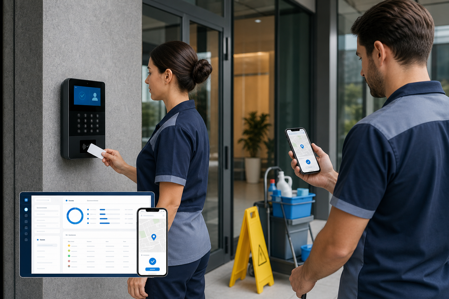 Darbuotojas registruoja darbo laiką terminale, o mobilios valymo komandos naudoja GPS registraciją telefone
